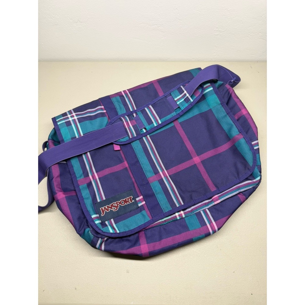 JanSport Plaid Messenger Bag Large Purple Pink Teal Zip Adjustable Strap Pockets